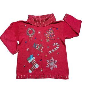 Vtg Victoria Jones Hand‎ Beaded Christmas Holiday Chunky Turtleneck Sweater Sz L